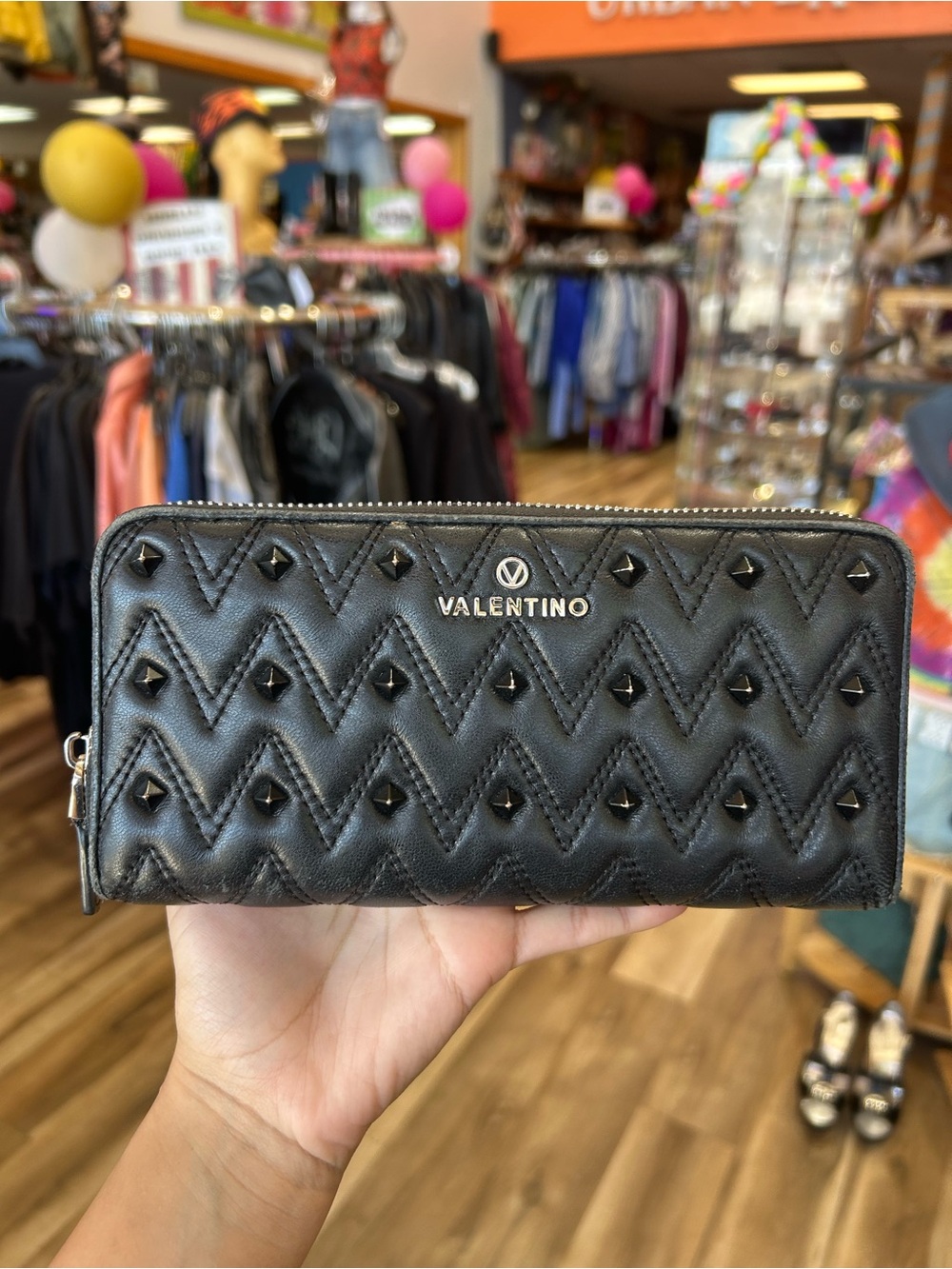 Valentino by Mario Valentino Black Leather Zip-around wallet with Studs